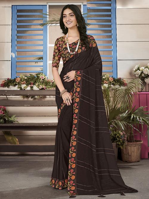 women black stripes bordered saree with blouse - 20283005 - Very Small Image - 1