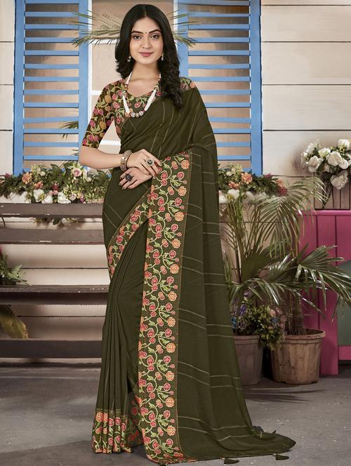 olive colored printed saree - 20283006 - Very Small Image - 1