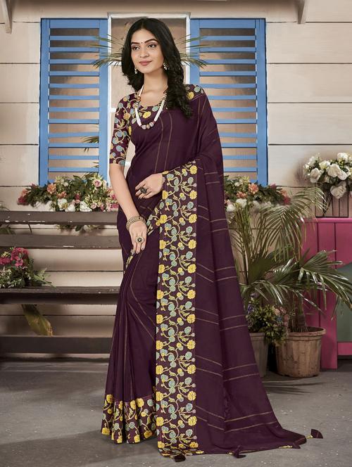 burgundy colored printed saree with blouse - 20283007 - Very Small Image - 1