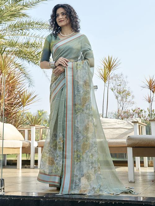 women's floral light green colored saree with blouse - 20283040 - Very Small Image - 1