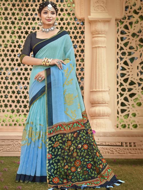 women's floral light blue colored saree with blouse - 20283066 - Very Small Image - 1