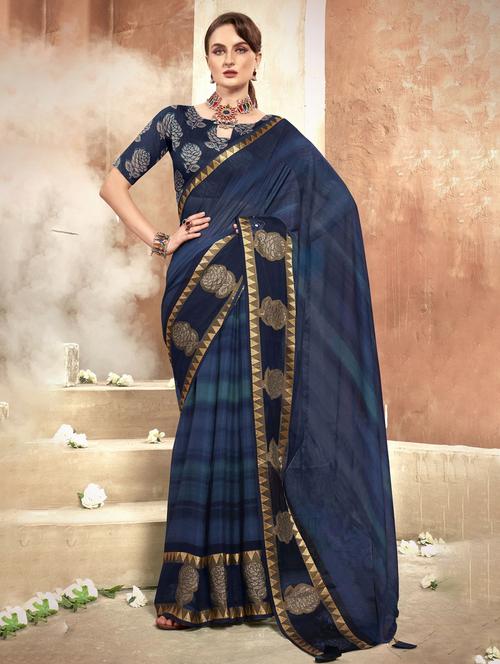 navy blue colored printed saree - 20283179 - Very Small Image - 1