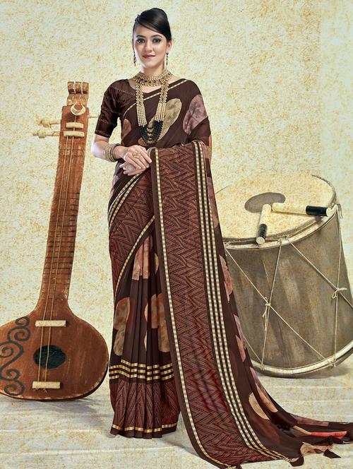 brown colored printed saree - 20283198 - Very Small Image - 1