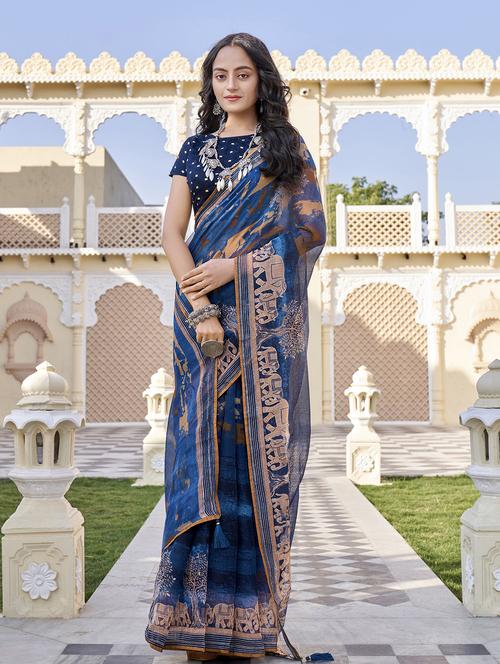 blue colored printed saree with blouse - 20283227 - Very Small Image - 1