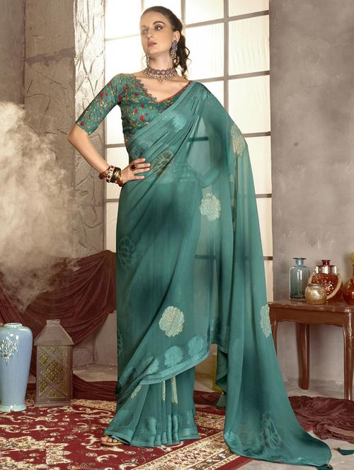 sea green colored printed saree - 20283247 - Very Small Image - 1