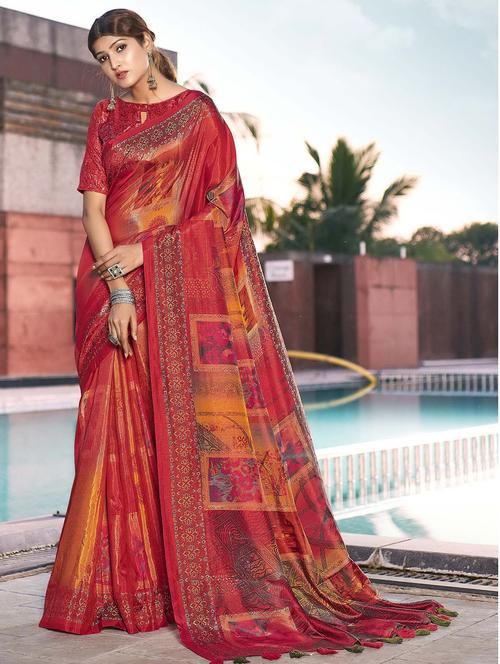 red colored printed saree with blouse - 20283566 - Very Small Image - 1