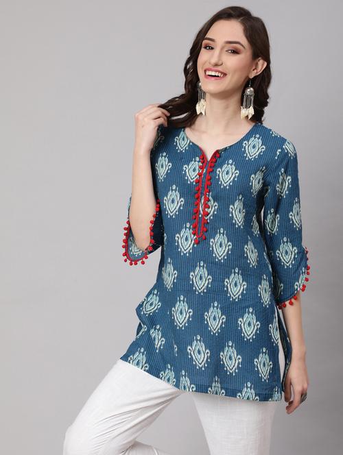 blue three qaurter sleeve straight kurti - 20283917 - Very Small Image - 1
