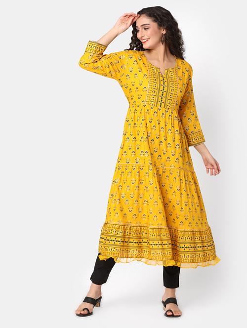 yellow foil printed rayon tiered kurta - 20285832 - Very Small Image - 1