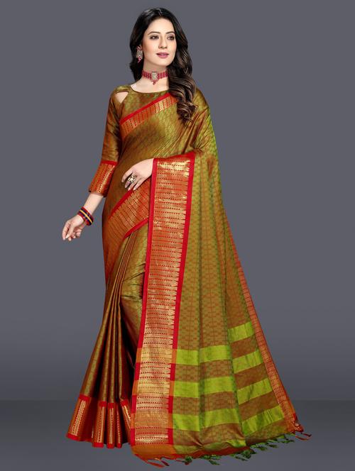 olive contrast zari border saree - 20286082 - Very Small Image - 1