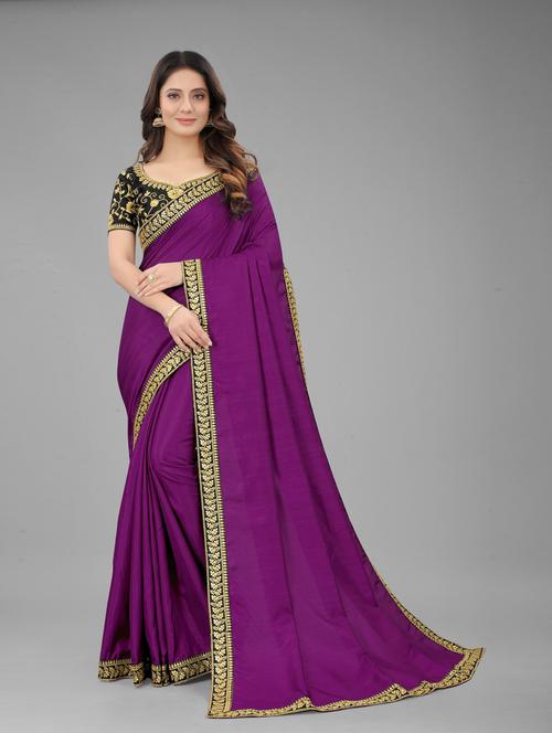 purple solid with bordered saree with blouse - 20286127 - Very Small Image - 1