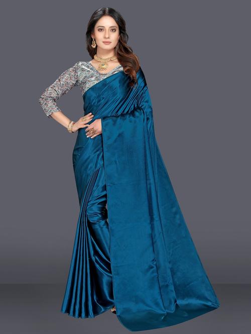 teal colored plain saree with blouse - 20286175 - Very Small Image - 1