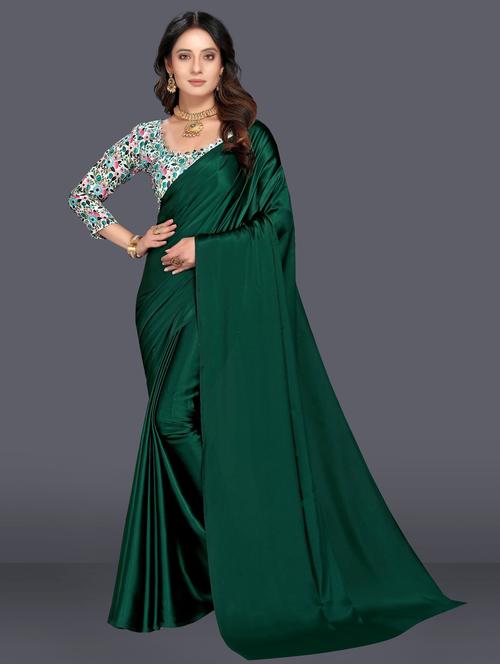 bottle green colored plain saree - 20286177 - Very Small Image - 1