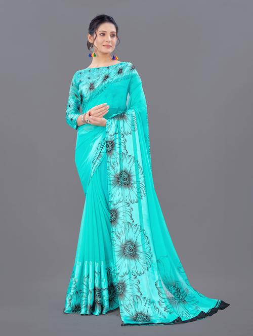turquoise colored printed saree with blouse - 20286207 - Very Small Image - 1
