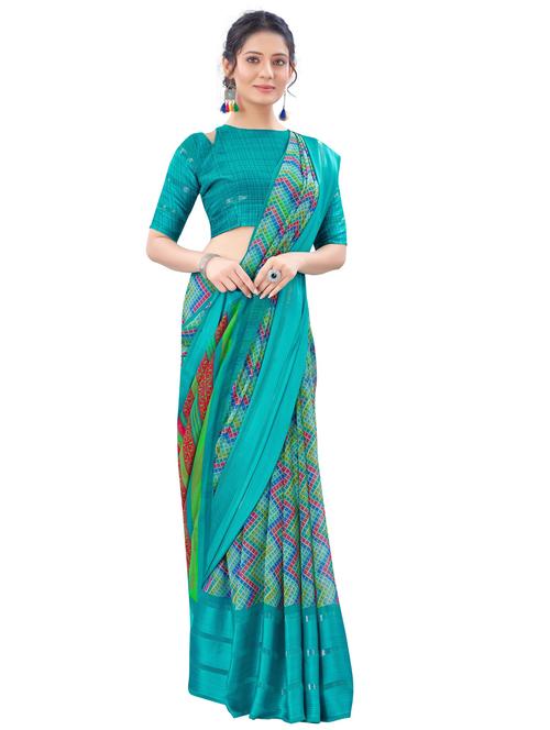 teal colored printed saree with blouse - 20286303 - Very Small Image - 1