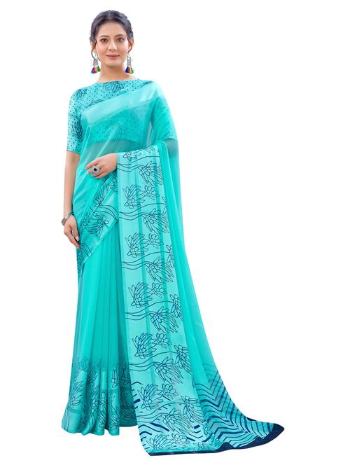 turquoise colored printed saree with blouse - 20286354 - Very Small Image - 1