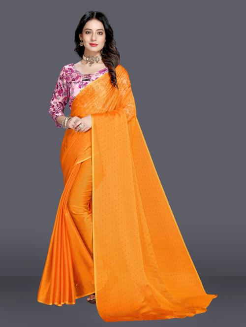 orange colored plain saree with blouse - 20286487 - Very Small Image - 1