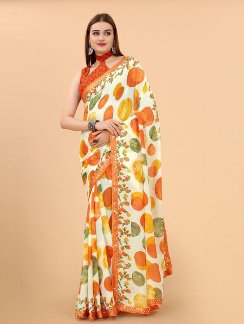 orange colored printed saree with blouse - 20286730 - Very Small Image - 1