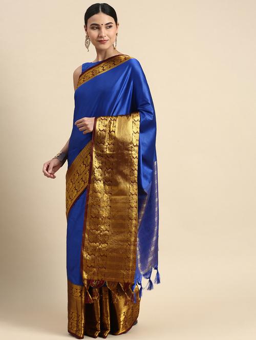 navy blue colored southern silk saree with blouse - 20286743 - Very Small Image - 1