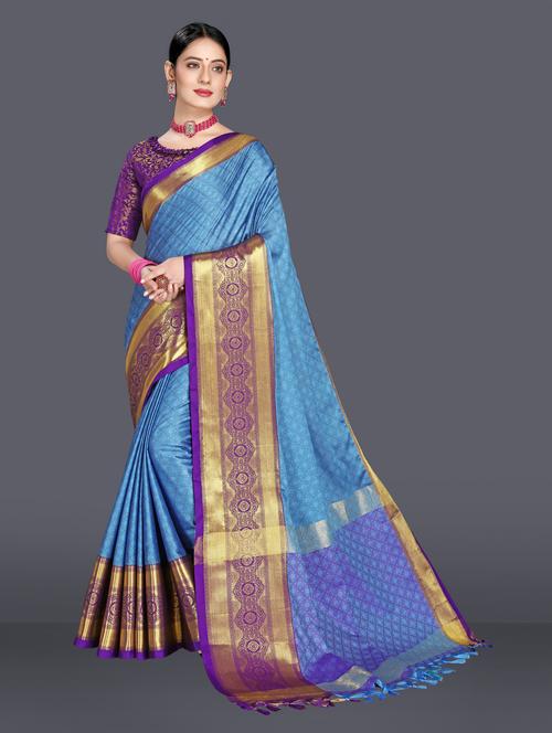 turquoise colored southern silk saree with blouse - 20287279 - Very Small Image - 1