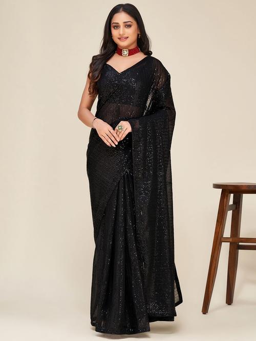 black colored embellished saree with blouse - 20287404 - Very Small Image - 1