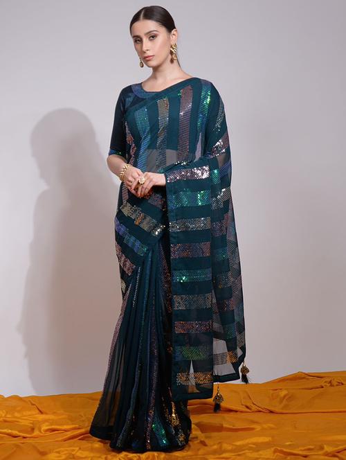 teal green all over sequined saree - 20287426 - Very Small Image - 1
