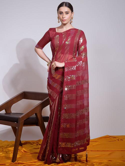 maroon colored embellished saree - 20287428 - Very Small Image - 1