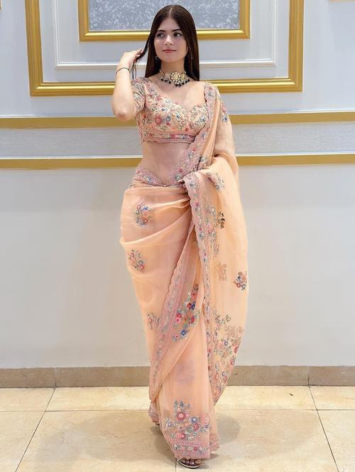 peach colored embroidered saree with blouse - 20287443 - Very Small Image - 1
