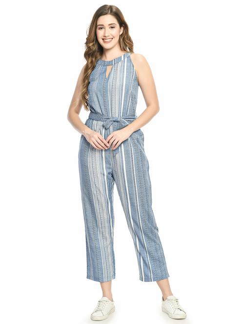 light blue striped halter neck full length jumpsuit - 20288942 - Very Small Image - 1