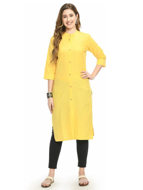 yellow solid front slit kurta - 20289017 - Very Small Image - 1