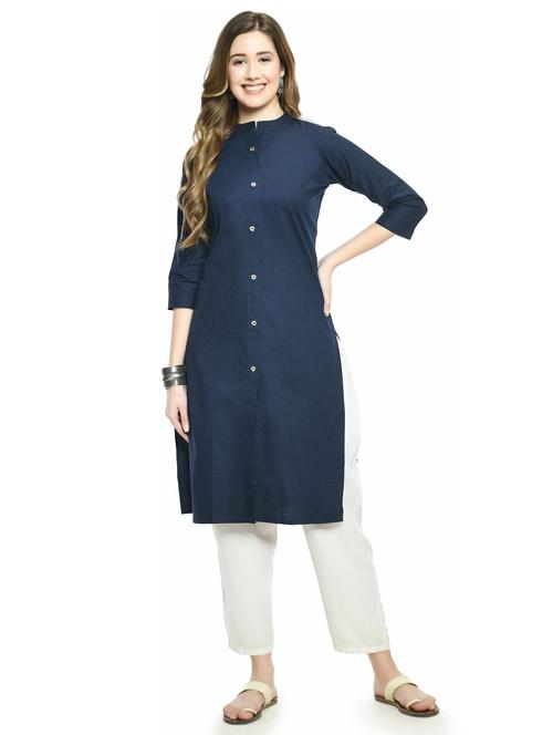 blue solid front slit kurta - 20289039 - Very Small Image - 1