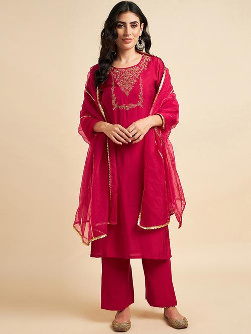 fuchisa pink rayon silk straight calf length kurta with palazzo dupatta set - 20289066 - Very Small Image - 1