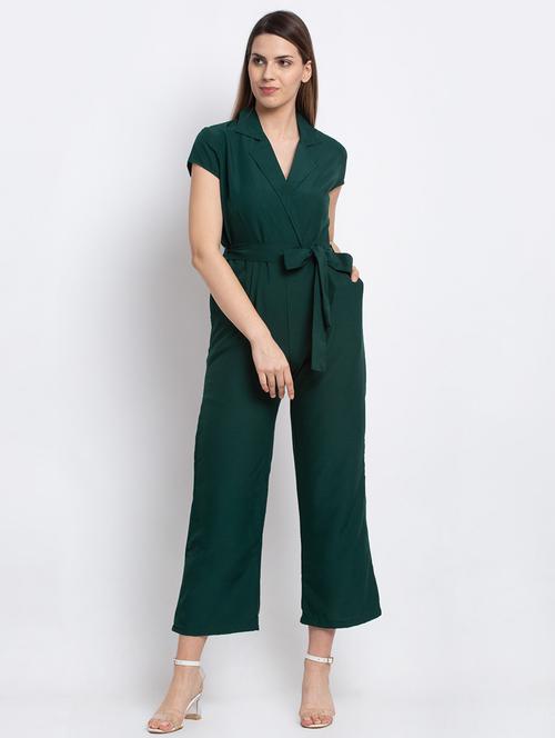 green solid lapel neck full length jumpsuit - 20289343 - Very Small Image - 1