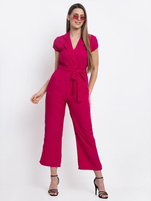 pink solid lapel neck full length jumpsuit - 20289344 - Very Small Image - 1
