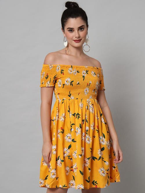 yellow floral fit & flare dress - 20289349 - Very Small Image - 1