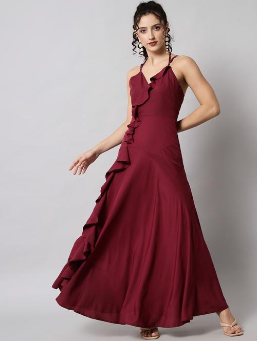 maroon frill detail gown dress - 20289373 - Very Small Image - 1