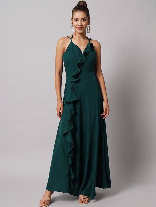 bottle green frill detail gown dress - 20289388 - Very Small Image - 1