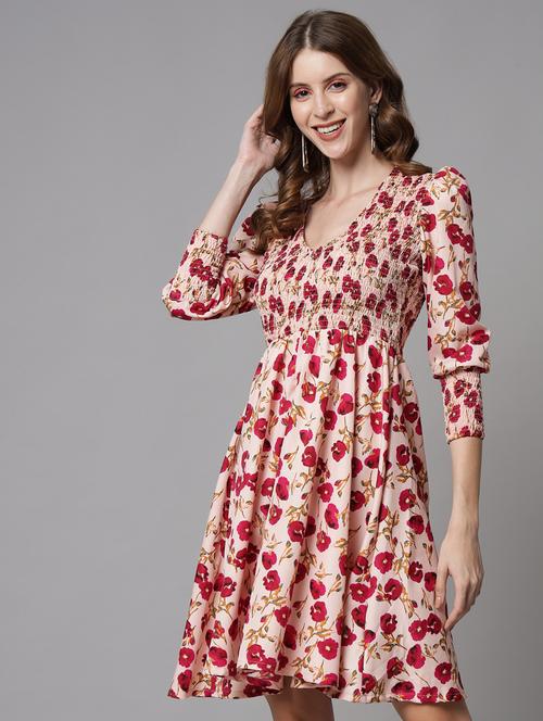 beige floral fit & flare dress - 20289428 - Very Small Image - 1