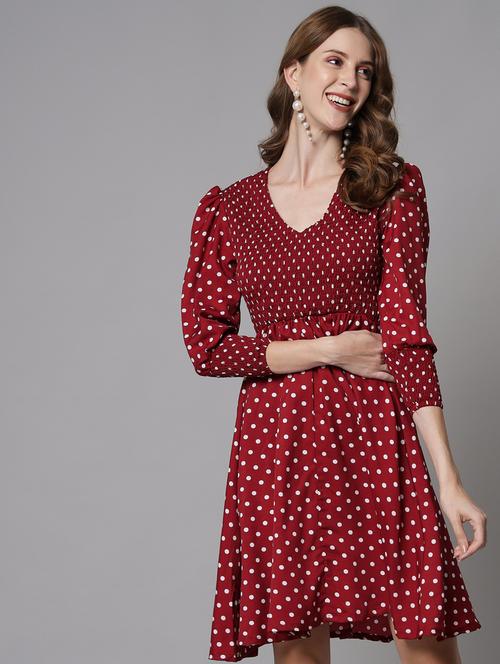 maroon polka dots fit & flare dress - 20289440 - Very Small Image - 1