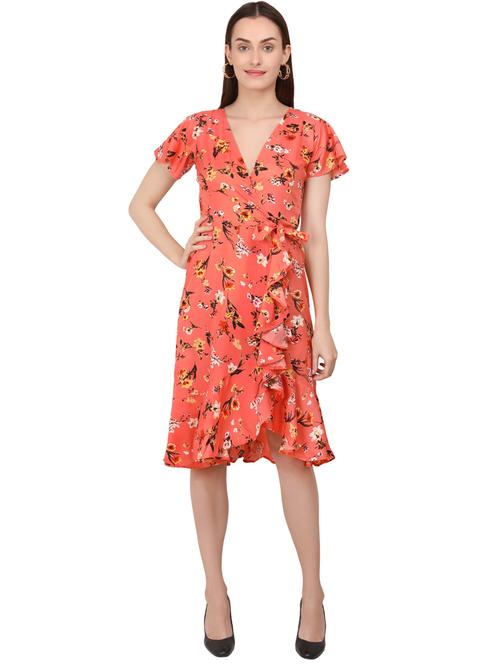 orange floral wrap dress - 20289454 - Very Small Image - 1