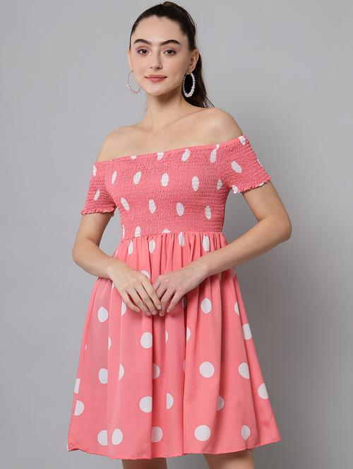 coral polka dots fit & flare dress - 20289522 - Very Small Image - 1
