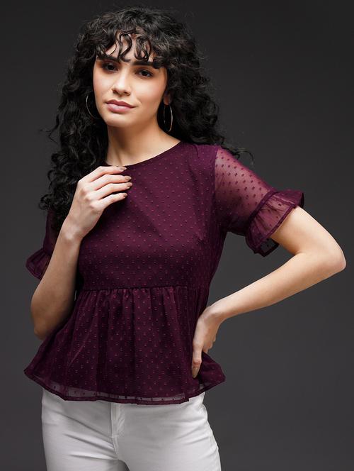 purple self designed round neck peplum top - 20289549 - Very Small Image - 1