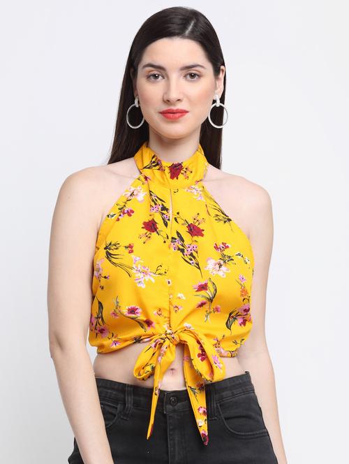 yellow floral print halter neck crop top - 20289588 - Very Small Image - 1