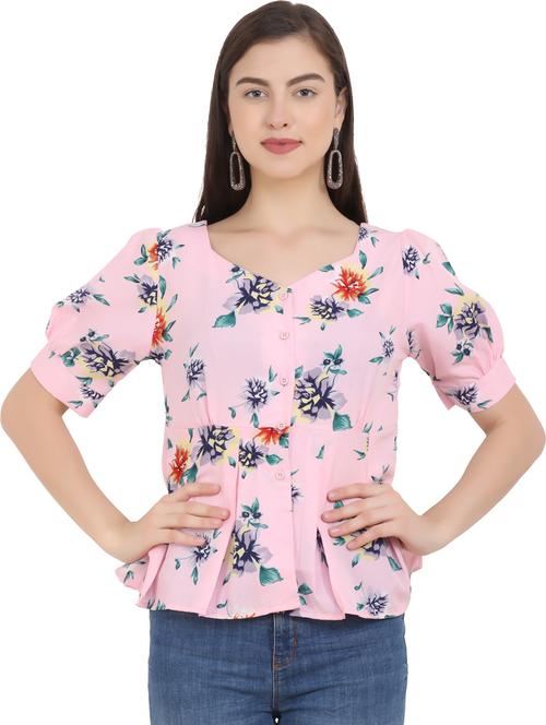 pink floral print puff sleeves peplum top - 20289621 - Very Small Image - 1