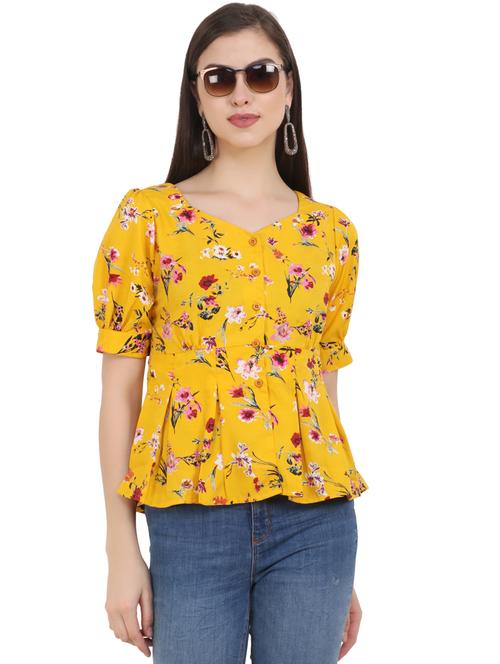 yellow floral print solid puff sleeves peplum top - 20289622 - Very Small Image - 1