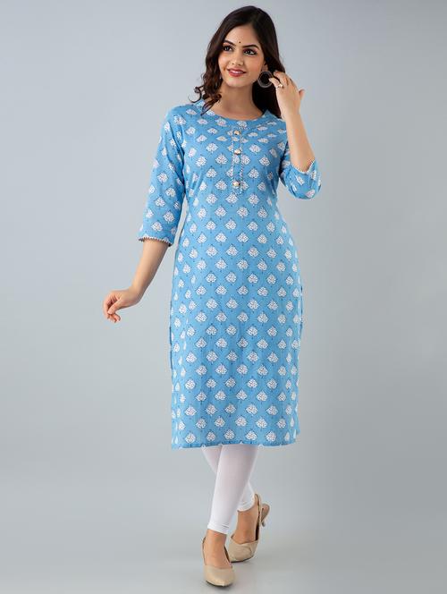 light blue three quarter sleeve straight kurta - 20289712 - Very Small Image - 1