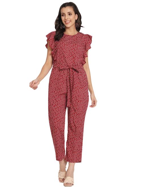 maroon florals printed full length jumpsuit - 20292419 - Very Small Image - 1