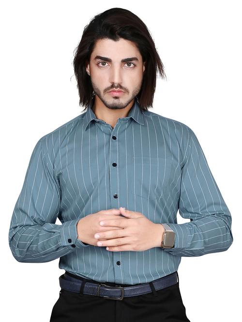men teal stripes cotton casual shirt - 20293126 - Very Small Image - 1