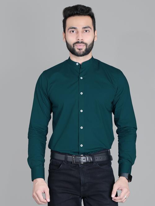 men solid bottle green mandarin collar cotton casual shirt - 20293241 - Very Small Image - 1