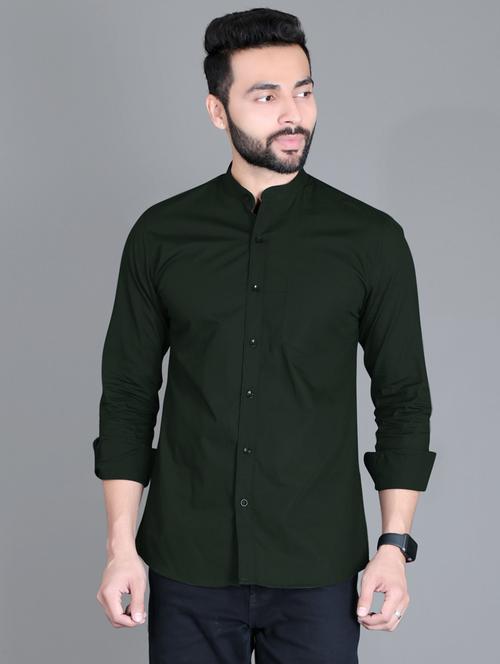 men solid bottle green mandarin cotton casual shirt - 20293244 - Very Small Image - 1