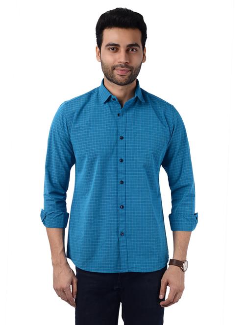 men blue checks cotton blend casual shirt - 20293267 - Very Small Image - 1